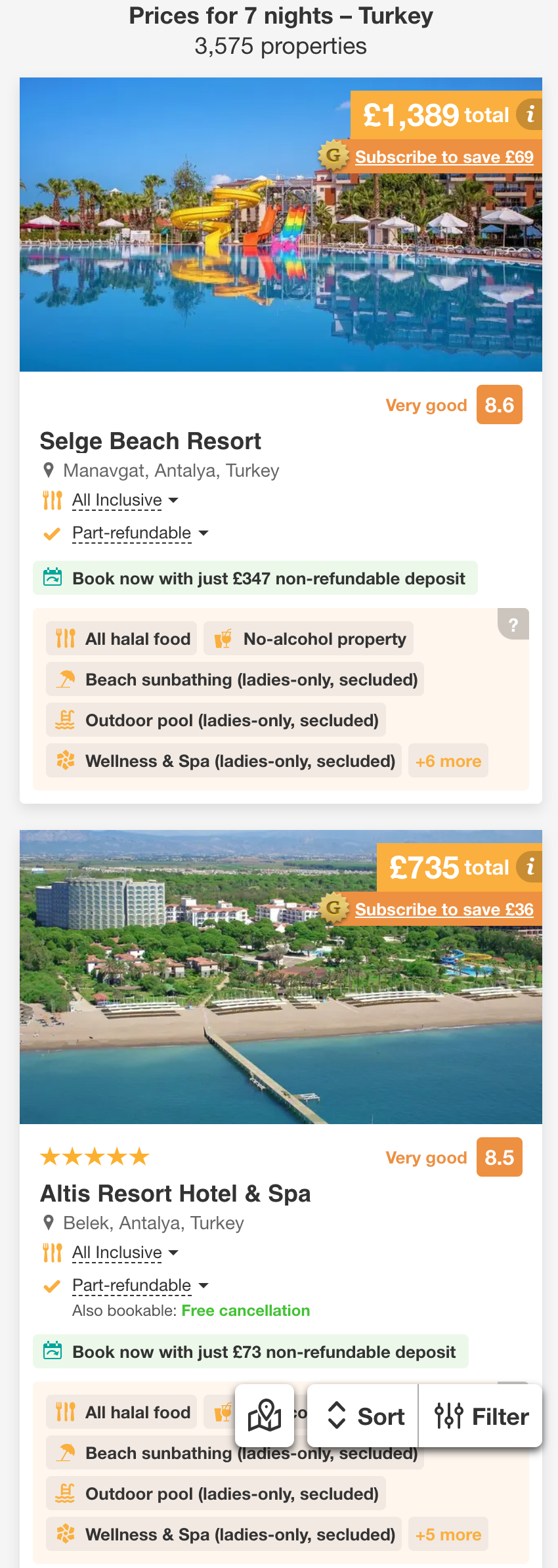 Search results with ‘Free cancellation’ or ‘Book now pay later’ options