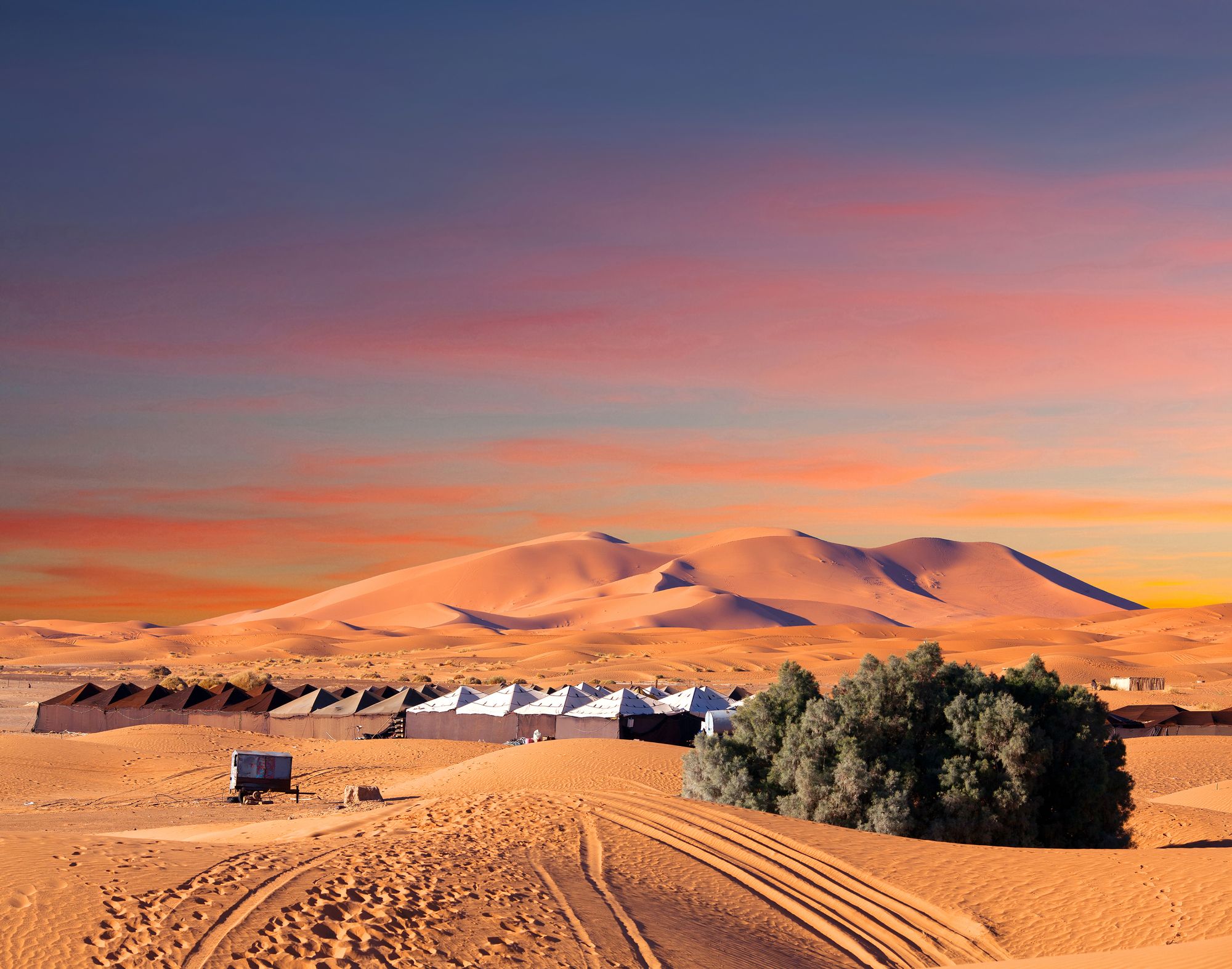 Campsite over sand dunes in Merzouga